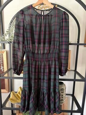 J.Crew Plaid Smocked Waist Dress XXS Green Blackwatch Long Sleeve Midi